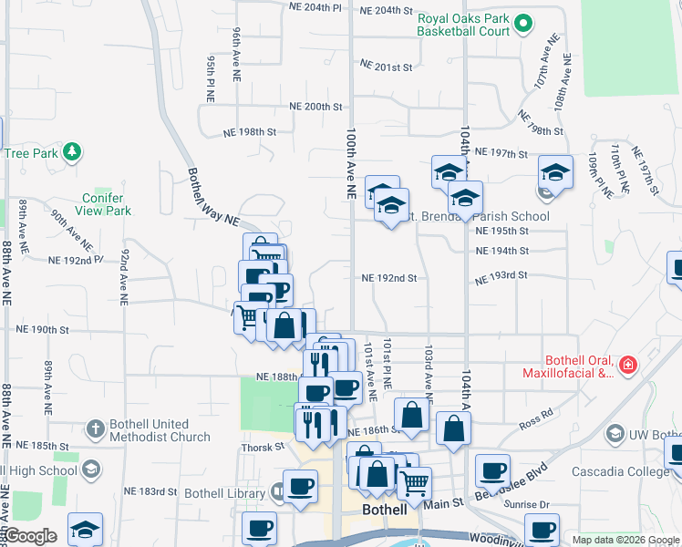 map of restaurants, bars, coffee shops, grocery stores, and more near 19221 100th Avenue Northeast in Bothell