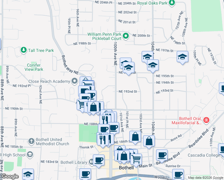 map of restaurants, bars, coffee shops, grocery stores, and more near 19221 100th Avenue Northeast in Bothell