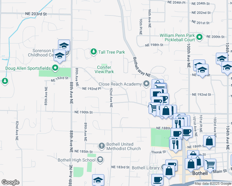 map of restaurants, bars, coffee shops, grocery stores, and more near 9216 Northeast 192nd Street in Bothell
