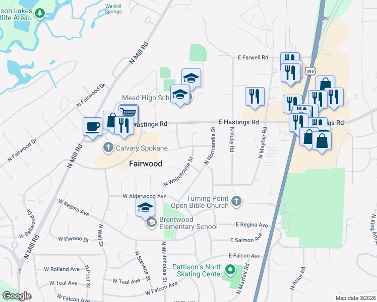map of restaurants, bars, coffee shops, grocery stores, and more near 12027 North Whitehouse Street in Spokane