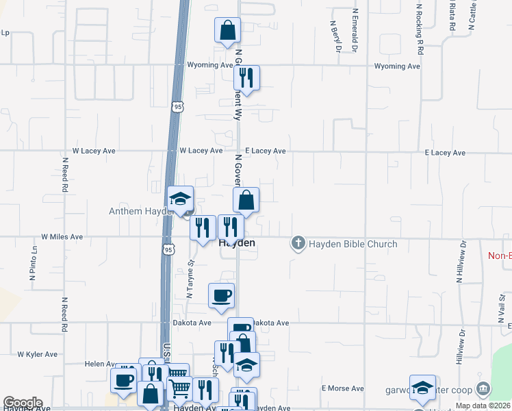 map of restaurants, bars, coffee shops, grocery stores, and more near 59 Maryanna Lane in Hayden