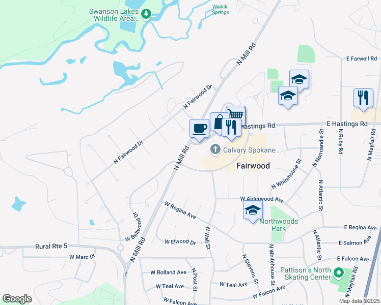 map of restaurants, bars, coffee shops, grocery stores, and more near 12130 North Mill Road in Spokane