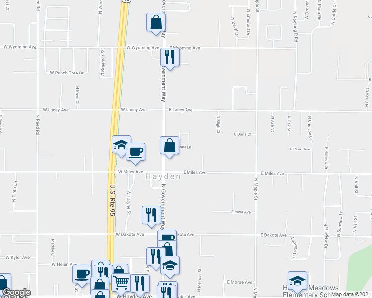 map of restaurants, bars, coffee shops, grocery stores, and more near 196 Maryanna Lane in Hayden