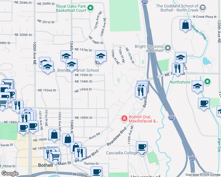 map of restaurants, bars, coffee shops, grocery stores, and more near 19407 109th Court Northeast in Bothell
