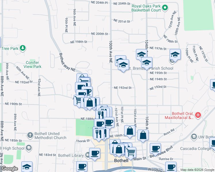 map of restaurants, bars, coffee shops, grocery stores, and more near 19221 100th Avenue Northeast in Bothell