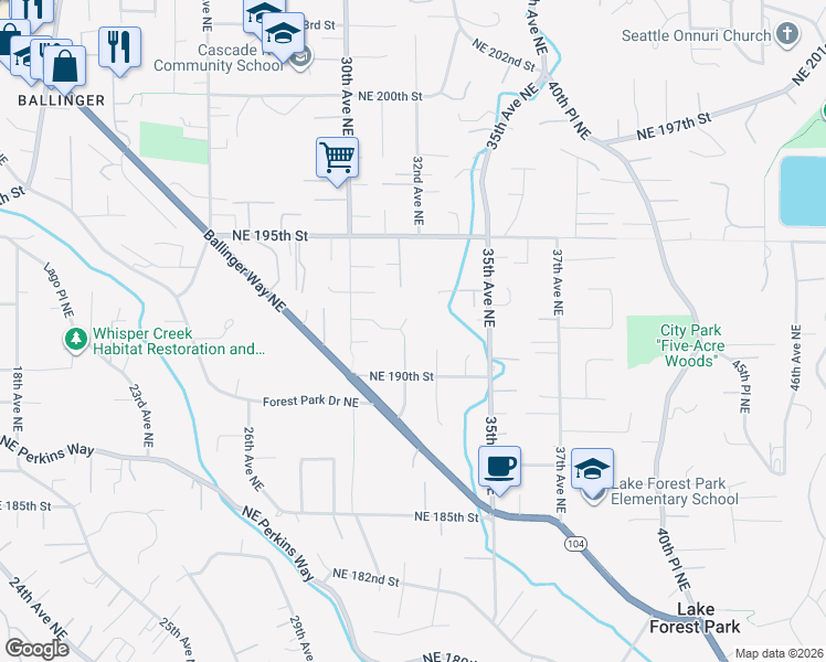 map of restaurants, bars, coffee shops, grocery stores, and more near 19032 32nd Avenue Northeast in Lake Forest Park