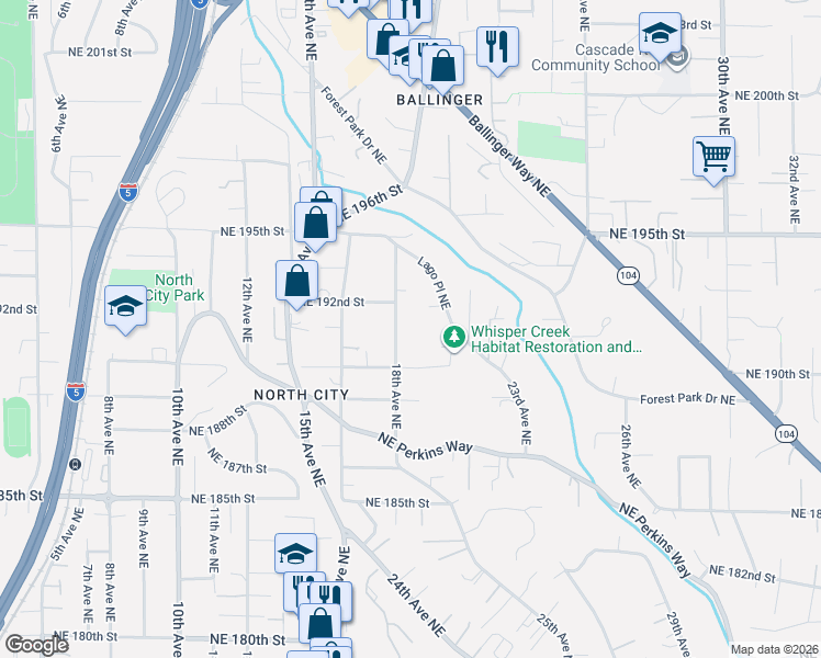 map of restaurants, bars, coffee shops, grocery stores, and more near 19028 18th Avenue Northeast in Shoreline