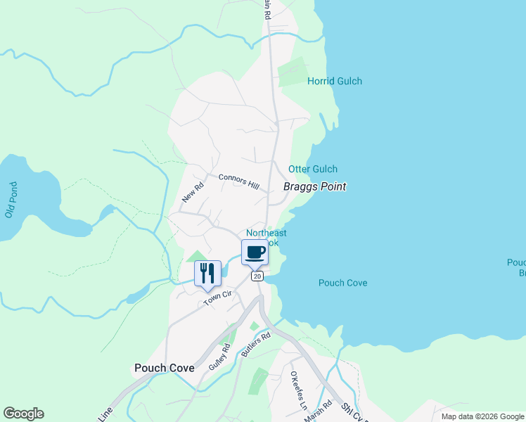 map of restaurants, bars, coffee shops, grocery stores, and more near 721 Main Road in Pouch Cove