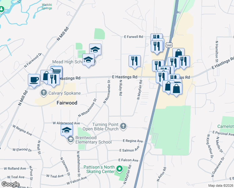 map of restaurants, bars, coffee shops, grocery stores, and more near 12105 North Ruby Road in Spokane