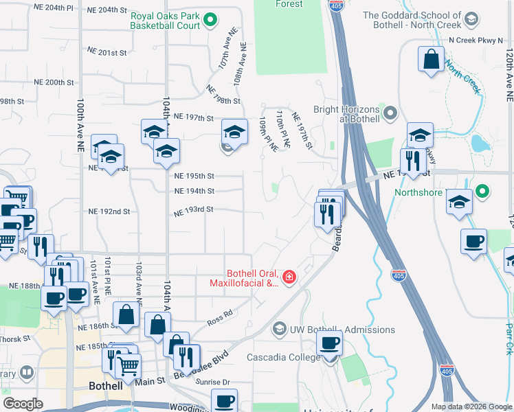 map of restaurants, bars, coffee shops, grocery stores, and more near 19407 109th Court Northeast in Bothell