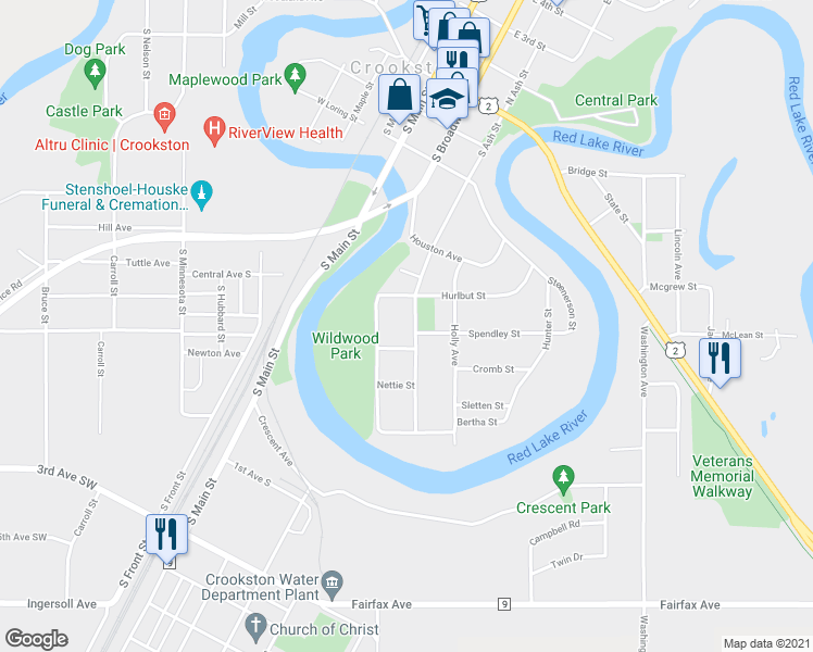 map of restaurants, bars, coffee shops, grocery stores, and more near 526 South Ash Street in Crookston