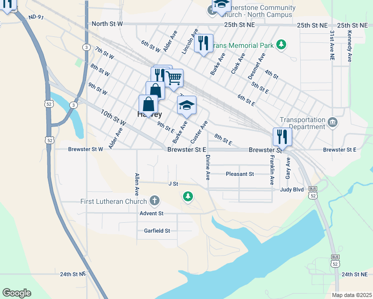 map of restaurants, bars, coffee shops, grocery stores, and more near 399 Brewster Street East in Harvey