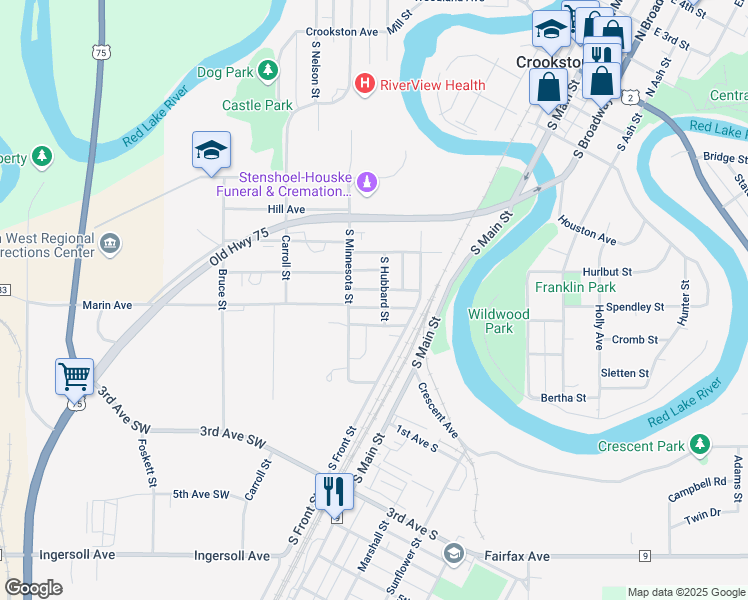 map of restaurants, bars, coffee shops, grocery stores, and more near 223 Leonard Avenue in Crookston