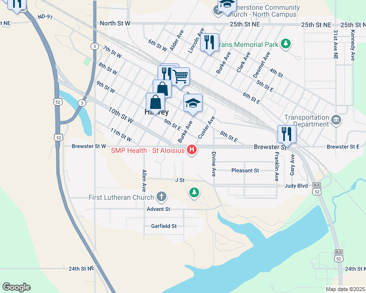 map of restaurants, bars, coffee shops, grocery stores, and more near 301-399 Brewster St E in Harvey