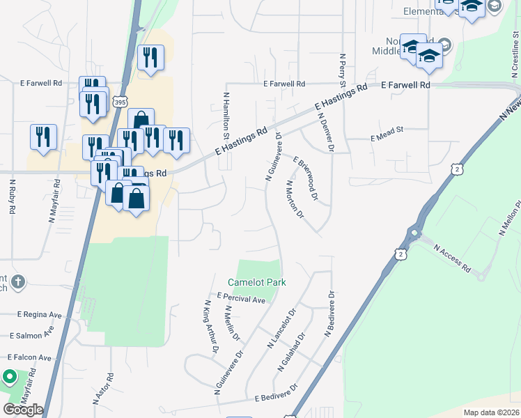 map of restaurants, bars, coffee shops, grocery stores, and more near 12117 North Guinevere Drive in Spokane