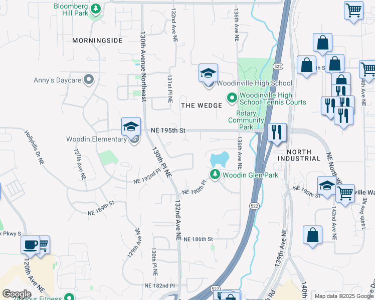 map of restaurants, bars, coffee shops, grocery stores, and more near 13222 Northeast 193rd Place in Woodinville