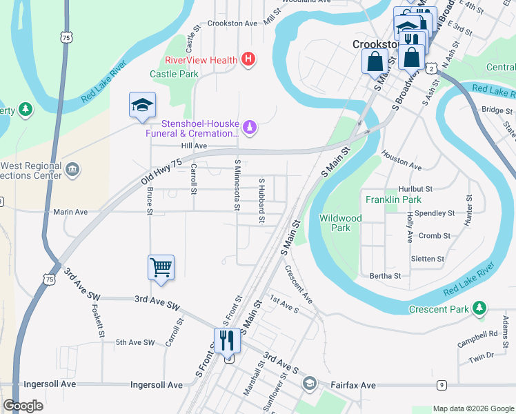 map of restaurants, bars, coffee shops, grocery stores, and more near 223 Leonard Avenue in Crookston