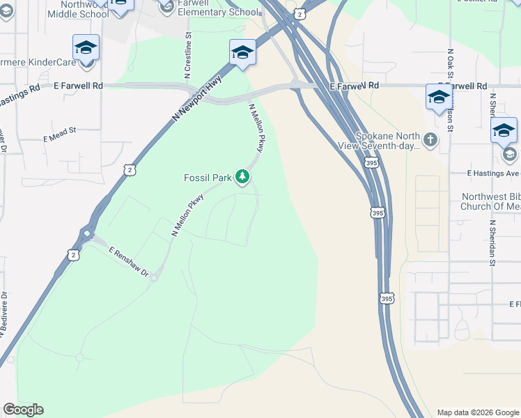 map of restaurants, bars, coffee shops, grocery stores, and more near East Farwell Road in Spokane