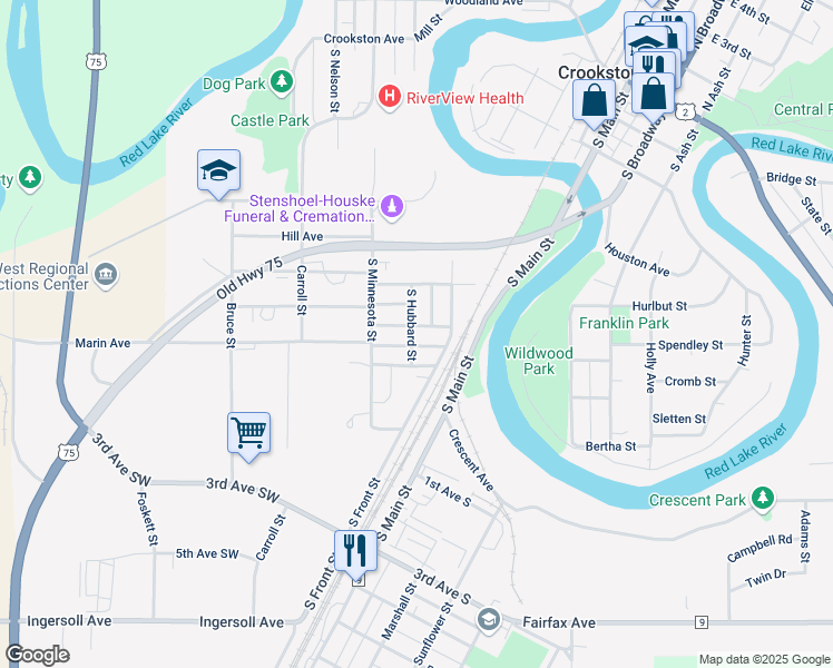 map of restaurants, bars, coffee shops, grocery stores, and more near 223 Leonard Avenue in Crookston