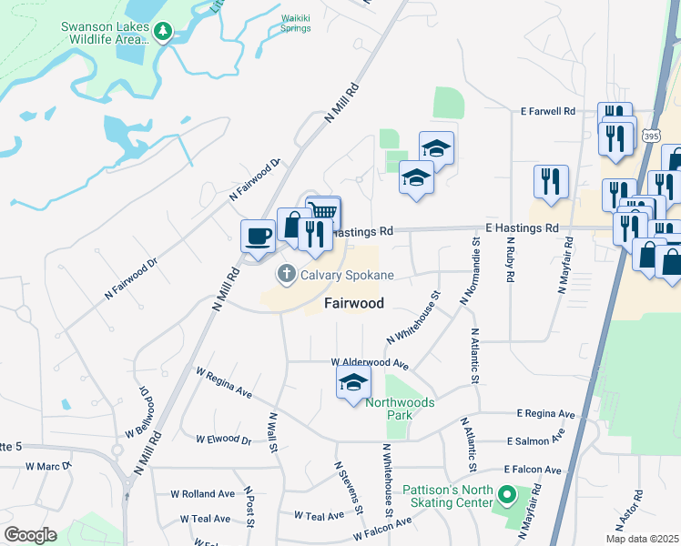 map of restaurants, bars, coffee shops, grocery stores, and more near 423 West Bellwood Drive in Spokane