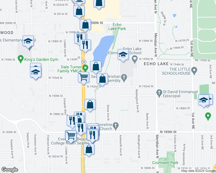 map of restaurants, bars, coffee shops, grocery stores, and more near 1300 North 192nd Street in Shoreline