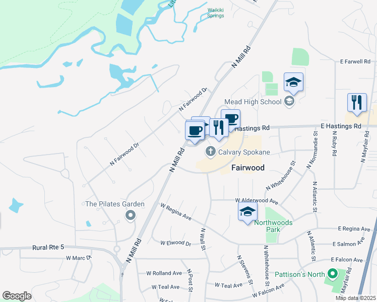 map of restaurants, bars, coffee shops, grocery stores, and more near 12130 North Mill Road in Spokane