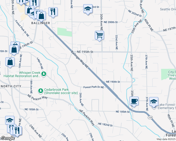 map of restaurants, bars, coffee shops, grocery stores, and more near 19125 Ballinger Way Northeast in Seattle