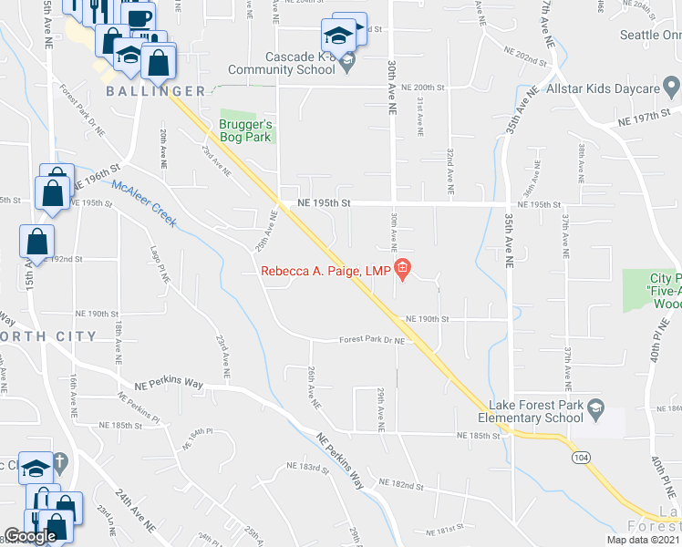 map of restaurants, bars, coffee shops, grocery stores, and more near 19125 Ballinger Way Northeast in Seattle