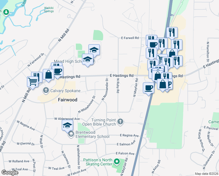 map of restaurants, bars, coffee shops, grocery stores, and more near 12105 North Ruby Road in Spokane