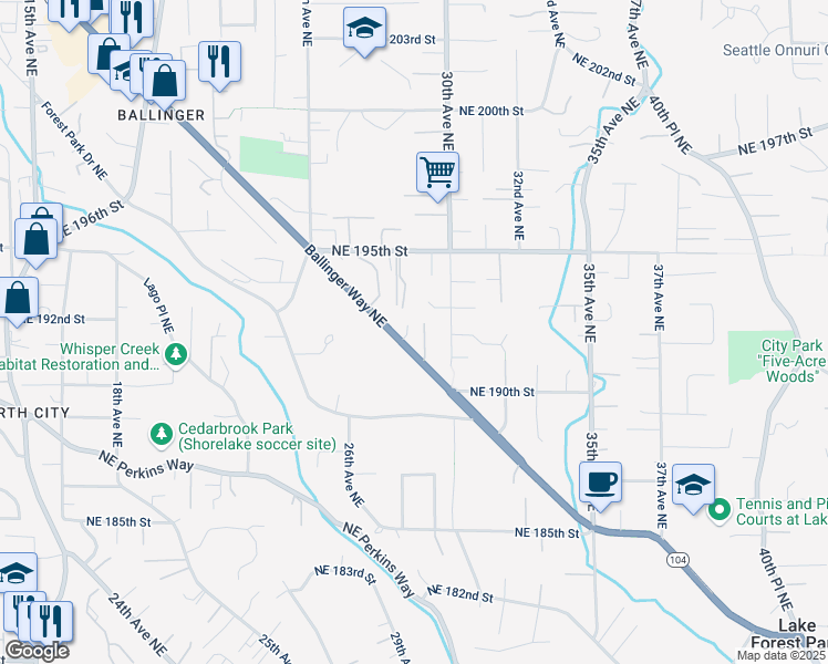 map of restaurants, bars, coffee shops, grocery stores, and more near 19125 Ballinger Way Northeast in Seattle