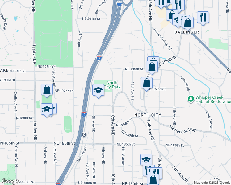 map of restaurants, bars, coffee shops, grocery stores, and more near 19040 10th Avenue Northeast in Shoreline