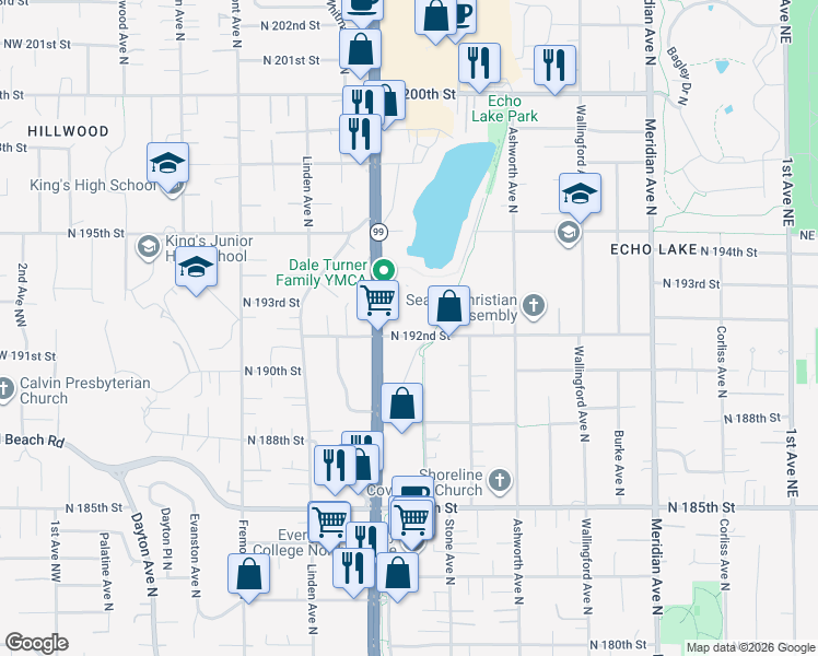 map of restaurants, bars, coffee shops, grocery stores, and more near 19022 Aurora Avenue North in Shoreline