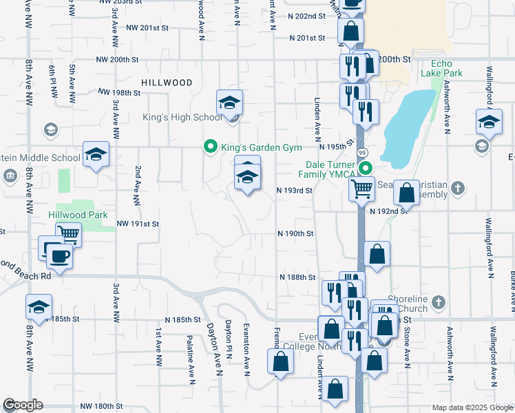 map of restaurants, bars, coffee shops, grocery stores, and more near 500 North 190th Street in Shoreline