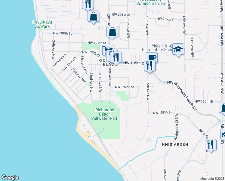 map of restaurants, bars, coffee shops, grocery stores, and more near 19010 20th Avenue Northwest in Shoreline
