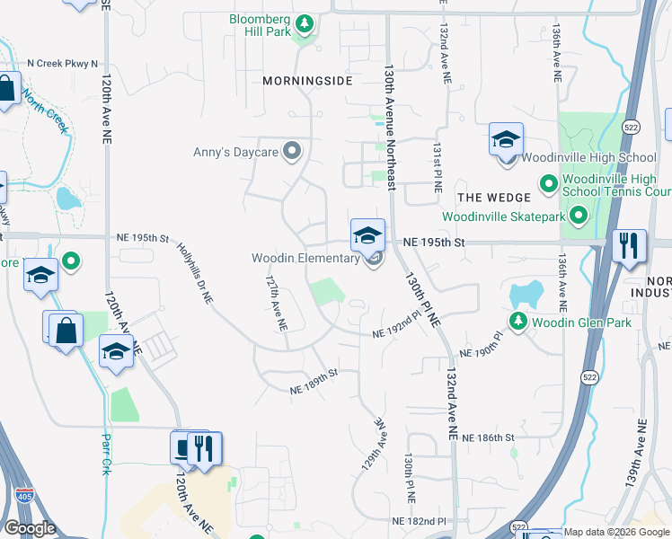 map of restaurants, bars, coffee shops, grocery stores, and more near 19405 129th Avenue Northeast in Bothell