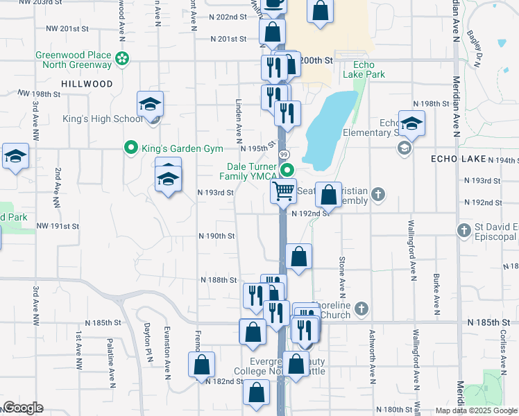 map of restaurants, bars, coffee shops, grocery stores, and more near 1014 North 192nd Street in Shoreline