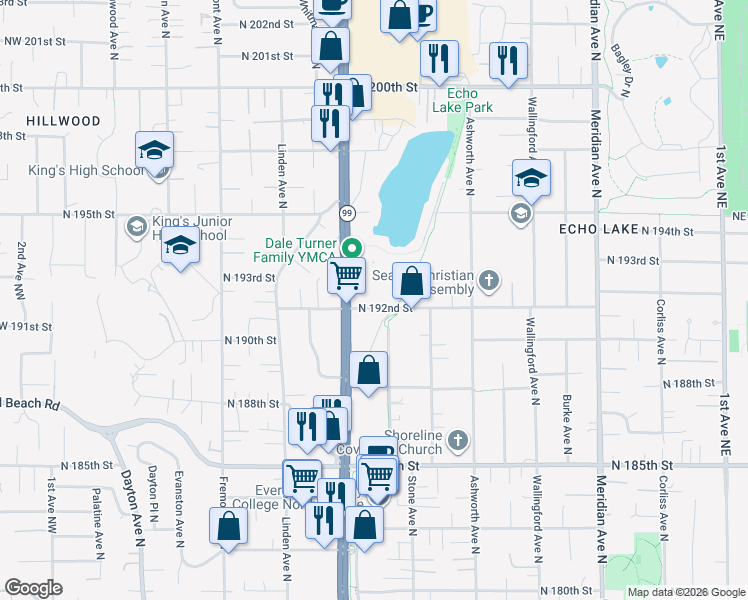 map of restaurants, bars, coffee shops, grocery stores, and more near 19022 Aurora Avenue North in Shoreline
