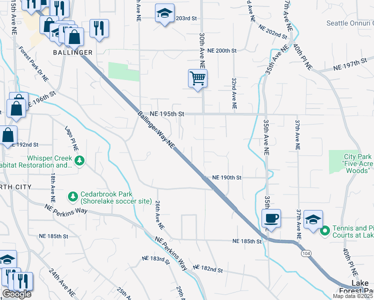 map of restaurants, bars, coffee shops, grocery stores, and more near 19125 Ballinger Way Northeast in Seattle