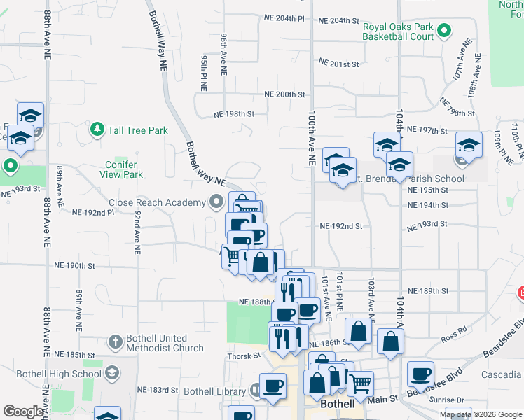 map of restaurants, bars, coffee shops, grocery stores, and more near 19308 Bothell Way Northeast in Bothell