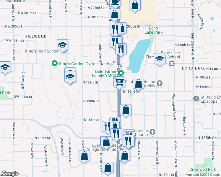 map of restaurants, bars, coffee shops, grocery stores, and more near 1014 North 192nd Street in Shoreline
