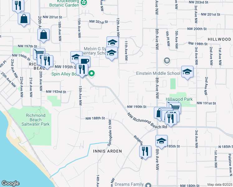 map of restaurants, bars, coffee shops, grocery stores, and more near 19105 12th Avenue Northwest in Shoreline
