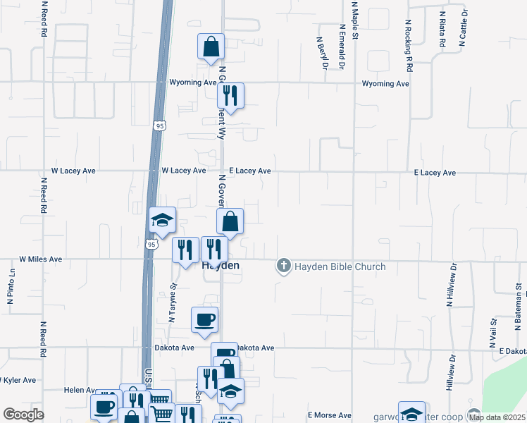 map of restaurants, bars, coffee shops, grocery stores, and more near 196 Maryanna Lane in Hayden