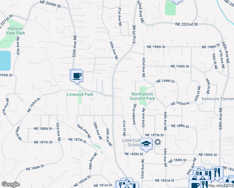 map of restaurants, bars, coffee shops, grocery stores, and more near 19121 61st Place Northeast in Kenmore