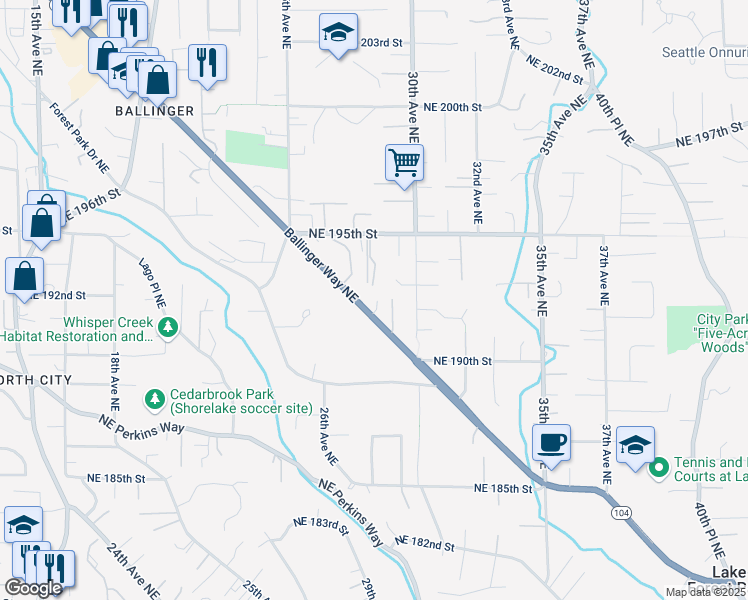 map of restaurants, bars, coffee shops, grocery stores, and more near 19125 Ballinger Way Northeast in Seattle