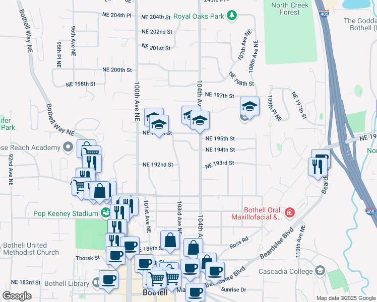 map of restaurants, bars, coffee shops, grocery stores, and more near 19115 104th Avenue Northeast in Bothell