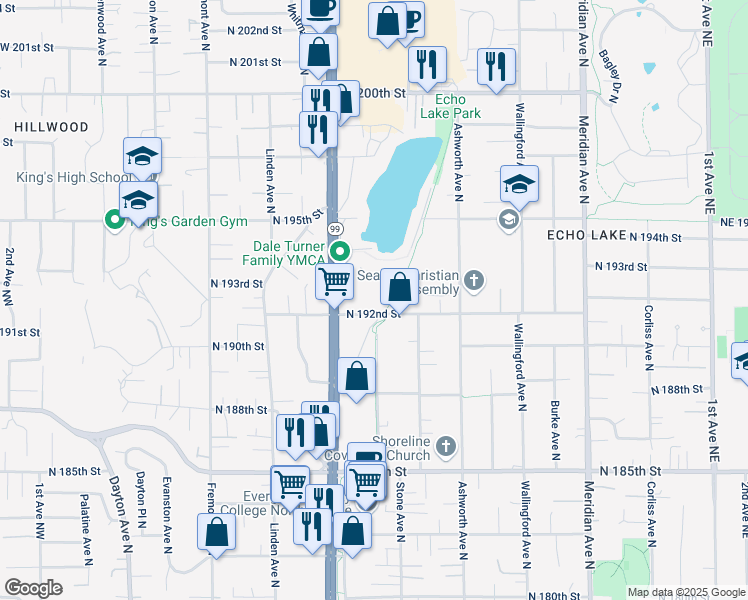 map of restaurants, bars, coffee shops, grocery stores, and more near 1150 North 192nd Street in Shoreline
