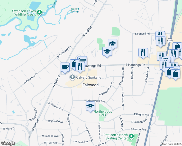 map of restaurants, bars, coffee shops, grocery stores, and more near 405 West Bellwood Drive in Spokane