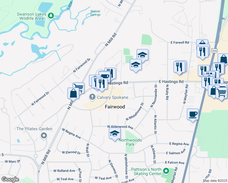 map of restaurants, bars, coffee shops, grocery stores, and more near 405 West Bellwood Drive in Spokane