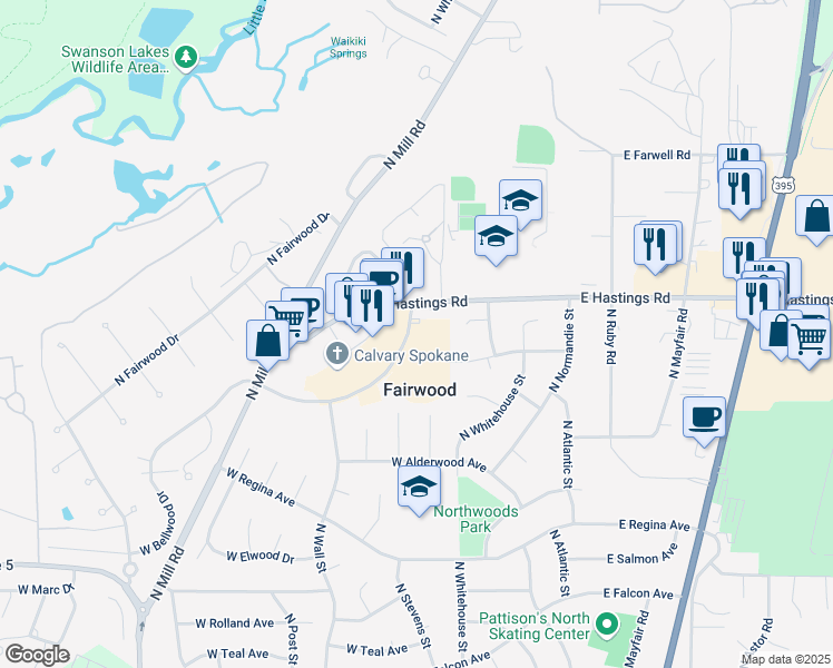 map of restaurants, bars, coffee shops, grocery stores, and more near 405 West Bellwood Drive in Spokane