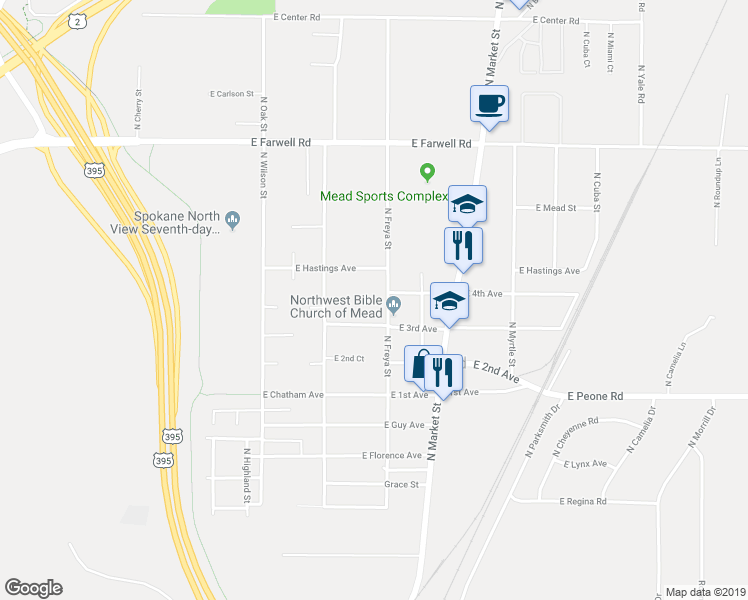 map of restaurants, bars, coffee shops, grocery stores, and more near 3608 East Hastings Avenue in Mead